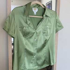 Green silk button up blouse